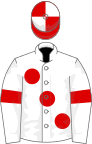 White, large red spots and armlets, red and white quartered cap