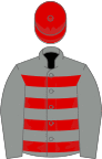 Grey and red hoops, grey sleeves, red cap