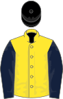 Yellow, dark blue sleeves, black cap