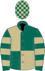 Dark green and beige (quartered), hooped sleeves, check cap
