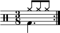  \new Staff << \new voice \relative c' { \clef percussion \numericTimeSignature \time 3/8 \set Score.tempoHideNote = ##t \tempo 4. = 80 \stemDown \repeat volta 2 { g4. } } \new voice \relative c'' { \override NoteHead.style = #'cross \stemUp \repeat volta 2 { a8 a a } } >>