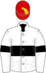 White, black hoop and armlets, red cap, gold tassel