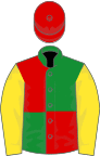 Green and red (quartered), yellow sleeves, red cap