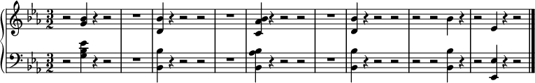  { \new PianoStaff << \new Staff \relative c'' { \clef treble \key ees \major \time 3/2 r2 <bes g>4 r r2 | R1. | <bes d,>4 r r2 r | R1. | <bes aes c,>4 r r2 r | R1. | <bes d,>4 r r2 r | r r bes4 r | r2 ees,4 r r2 \bar "|." } \new Staff \relative c' { \clef bass \key ees \major \time 3/2 r2 <ees bes g>4 r r2 | R1. | <bes bes,>4 r r2 r | R1. | <bes aes bes,>4 r r2 r | R1. | <bes bes,>4 r r2 r | r r <bes bes,>4 r | r2 <ees, ees,>4 r r2 \bar "|." } >> } 