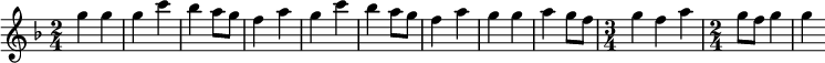  \relative { \key f \major \time 2/4 \set Score.tempoHideNote = ##t \tempo 4 = 128 {g''4 g4 | g4 c4 | bes4 a8 g8 | f4 a4 | g4 c4 | bes4 a8 g8 | f4 a4 | g4 g4 | a4 g8 f8 | \time 3/4 g4 f4 a4 | \time 2/4 g8 f8 g4 | g4} } 