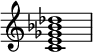 { \override Score.TimeSignature #'stencil = ##f \relative c' { \clef treble \time 4/4 <c e ges bes des>1 } }