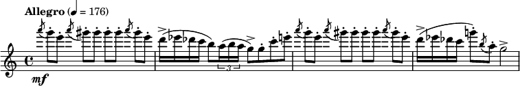  \relative c'''' { \clef treble \time 4/4 \set Staff.midiInstrument = #"flute" \tempo "Allegro" 4=176 \slashedGrace a8\mf( g8-.)[ e-.] \slashedGrace a( gis-.)[ gis-.] gis-.[ gis-.] \slashedGrace a( gis-.)[ e-.] | d16->( ees des c b8) \times 2/3 {a16( b a } g8->) g-. c-. e-. | \slashedGrace a8( g8-.)[ e-.] \slashedGrace a( gis-.)[ gis-.] gis-.[ gis-.] \slashedGrace a( gis-.)[ e-.] | d16->( ees des c g'!8-.) \slashedGrace b,( a-.) g2-> } 