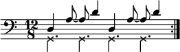  \new Staff << \new voice \relative c { \set Staff.midiInstrument = #"acoustic bass" \set Score.tempoHideNote = ##t \tempo 4 = 105 \time 12/8 \clef bass \stemUp \repeat volta 2 { d4 a'8~ a d4 d,4 a'8~ a d4 } } \new voice \relative c { \override NoteHead.style = #'cross \stemDown \repeat volta 2 { g4. g g g } } >> 