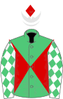 Emerald green and red diabolo, white sleeves, emerald green diamonds, white cap, red diamond