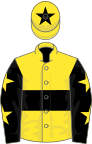 Yellow, black hoop, black sleeves, yellow stars, yellow cap, black star
