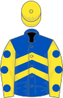 Royal blue, yellow chevrons, yellow sleeves, royal blue spots, yellow cap