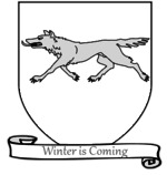 A coat of arms showing a gray wolf on a white field.