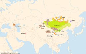 Topographic map showing Asia as centered on modern-day Mongolia and Kazakhstan. Areas are marked in multiple colors and attributed some of the language names of Mongolic languages. The extent of the colored area is somewhat less than in the previous map.