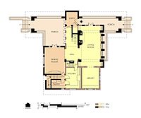 Hills House First Floor Plan in 1906. Outline of the earlier house is shown in yellow.