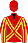 Red, yellow double X, red and yellow striped sleeves, red cap