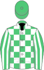 Emerald green and white check, striped sleeves, emerald green cap