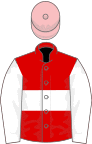 Red, white hoop, white sleeves, pink cap