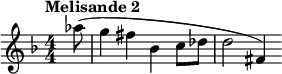 \relative c''' { \clef treble \numericTimeSignature \time 4/4 \key d \minor \tempo "Melisande 2" \partial 8*1 aes8( | g4 fis bes, c8 des | d2 fis,4) }