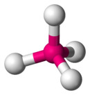 Skeletal model of a terahedral molecule with a central atom (oganesson) symmetrically bonded to four peripheral (fluorine) atoms.