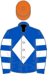 Royal blue, white diamond and hooped sleeves, orange cap