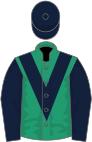 Emerald green, dark blue chevron, sleeves and cap