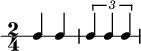  \new RhythmicStaff { \clef percussion \time 2/4 \set Score.tempoHideNote = ##t \tempo 4 = 100 c4 c \tuplet 3/2 { c4 c c } } 