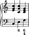  { \override Score.TimeSignature #'stencil = ##f \new PianoStaff << \new Staff << \relative c' { \clef treble \time 3/4 <e g c>4 <c g' c> <c e g> } >> \new Staff << \relative c { \clef bass \time 3/4 c4 e g } \figures { < _ >4 <6> <6 4> } >> >> } 