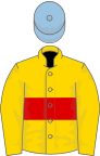 Gold, red hoop, light blue cap