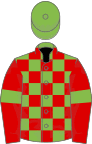 Light green and red check, red sleeves, light green armlets, light green cap