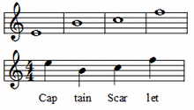 The image depicts musical notation of two similar motifs consisting of four notes, one featuring only semibreves and the other only crotchets.