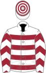 White, maroon hoops, chevrons on sleeves, hooped cap