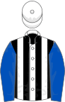 White and black stripes, royal blue sleeves, white cap