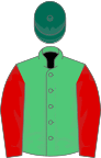 Emerald green, red sleeves, dark green cap