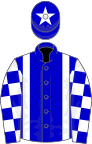 Blue, white braces, checked sleeves, white star on cap