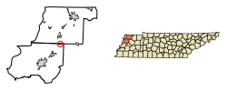 Location of Trimble in Dyer County, Tennessee.