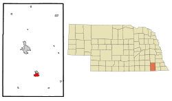 Location of Wymore within Gage County and Nebraska