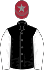 Black, white sleeves, maroon cap, grey star