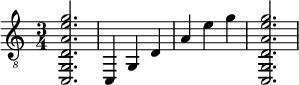 { \clef "treble_8" \time 3/4 <c, g, d a e' g'>2. <c, >4 <g, >4 <d >4 <a >4 <e' >4 <g' >4 <c, g, d a e' g'>2. } 