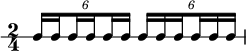  \new RhythmicStaff { \clef percussion \time 2/4 \set Score.tempoHideNote = ##t \tempo 4 = 100 \tuplet 6/4 { c16 \set stemRightBeamCount = #1 c \set stemLeftBeamCount = #1 c \set stemRightBeamCount = #1 c \set stemLeftBeamCount = #1 c c } \tuplet 6/4 { c16 c \set stemRightBeamCount = #1 c \set stemLeftBeamCount = #1 c c c } } 