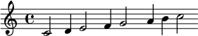 \relative c' { \override Staff.BarLine #'stencil = ##f { c2 d4 e2 f4 g2 a4 b c2 }}