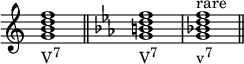  { \override Score.TimeSignature #'stencil = ##f \relative c'' { \clef treble \time 4/4 \key c \major <g b d f>1_\markup { \concat { "V" \raise #1 \small "7" } } \bar "||" \clef treble \time 4/4 \key c \minor <g b d f>1_\markup { \concat { "V" \raise #1 \small "7" } } <g bes! d f>^\markup { "rare" }_\markup { \concat { "v" \raise #1 \small "7" } } \bar "||" } } 