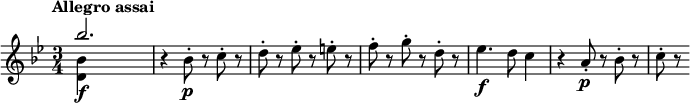 \relative c''' { \tempo "Allegro assai" \key bes \major \time 3/4 << { bes2.\f | } \\ { <bes, d,>4 s2 | } >> r4 bes8-.\p r c-. r | d8-. r es-. r e-. r | f8-. r g-. r d-. r | es4.\f d8 c4 | r4 a8-.\p r bes-. r | c8-. r }