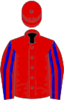 Red, blue striped sleeves, red cap