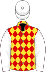 Red and Yellow diamonds, White sleeves and cap
