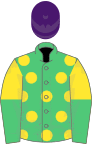 Emerald green, yellow spots, yellow and emerald green halved sleeves, purple cap