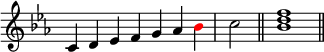 { \override Score.TimeSignature #'stencil = ##f \relative c' { \clef treble \key c \minor \time 7/4 c4 d es f g aes \once \override NoteHead.color = #red bes \time 2/4 c2 \bar "||" \time 4/4 <bes d f>1 \bar "||" } }
