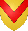 The shield of the City of Newport. The shape is a traditional shield, square at the top, curving to a pointed central edge at the base. The shield is amber with a chevron pointing down (red, V-shaped) from the top corners to the middle.