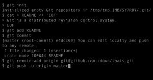 A command-line session showing repository creation, addition of a file, and remote synchronization