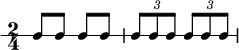  \new RhythmicStaff { \clef percussion \time 2/4 \set Score.tempoHideNote = ##t \tempo 4 = 100 c8 c c c \tuplet 3/2 { c8 c c } \tuplet 3/2 { c8 c c } } 