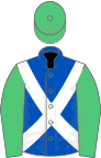 Royal blue, white cross sashes, emerald green sleeves and cap